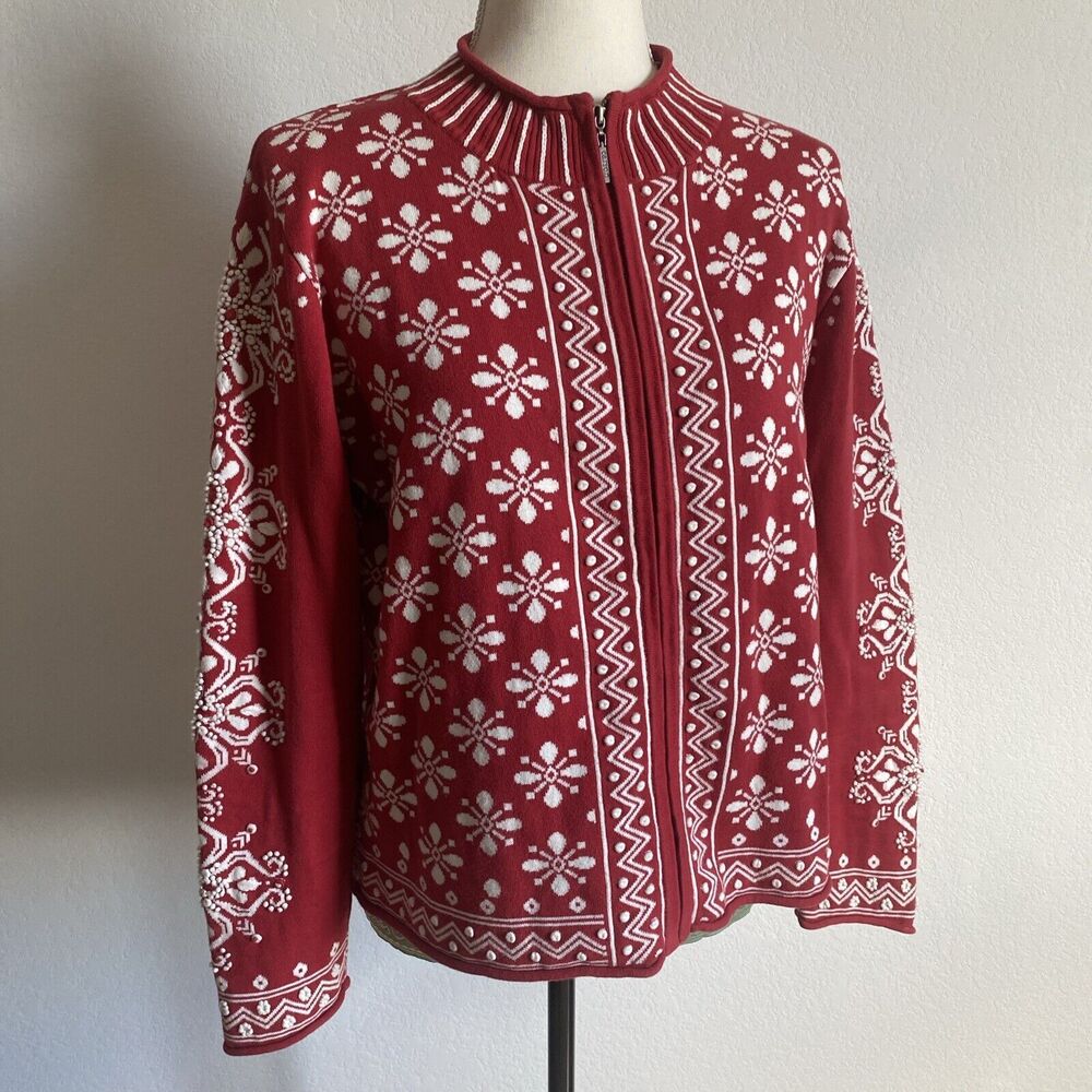 Vintage Carson Cardigan Red Cotton Christmas Nordic Snowflake w Embroidery Sz M